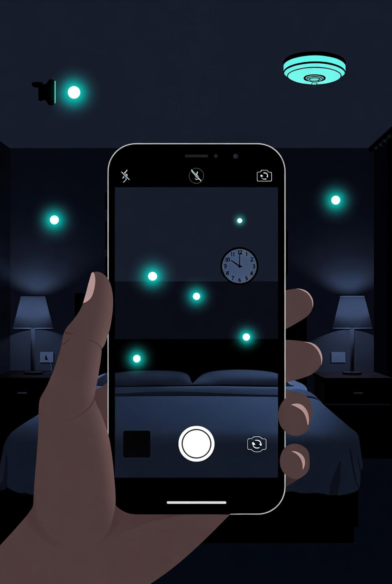 Um quarto escuro com luzes brilhantes visíveis através da tela de um smartphone, que está sendo segurado por uma mão.