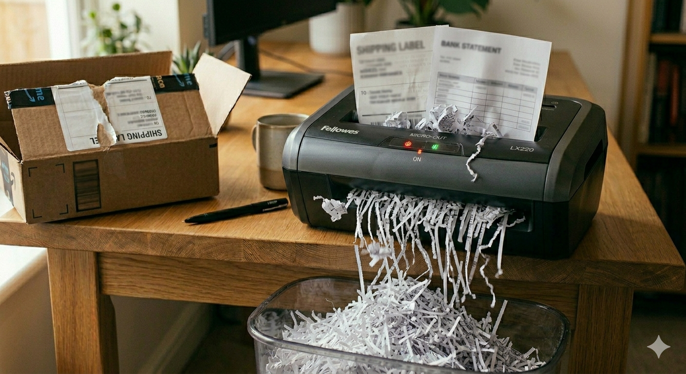 Auto-generated description: Um triturador de papel está destruindo documentos, com papéis picados saindo em direção a um cesto enquanto uma caixa de papelão está sobre a mesa ao lado.