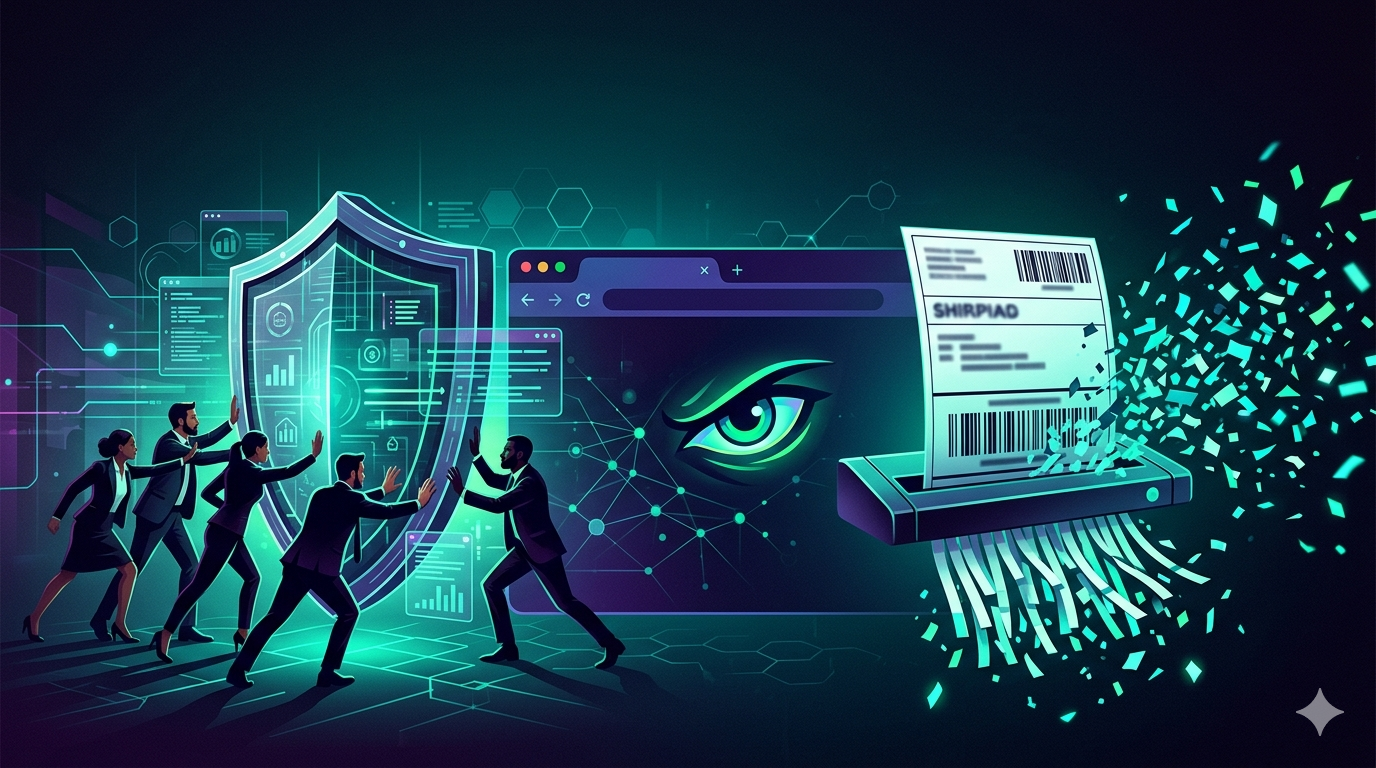Indivíduos segurando um escudo de proteção digital contra um olhar cibernético vigilante e um documento sendo triturado em fragmentos digitais.